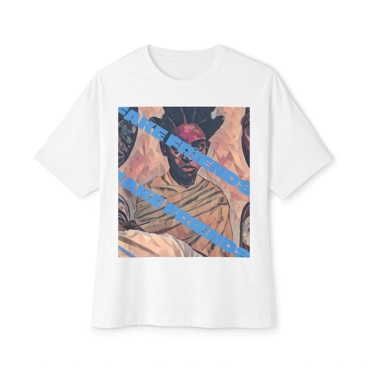 Oversized Boxy Tee — Vintage Portrait Graphic with Blue Diagonal Text
