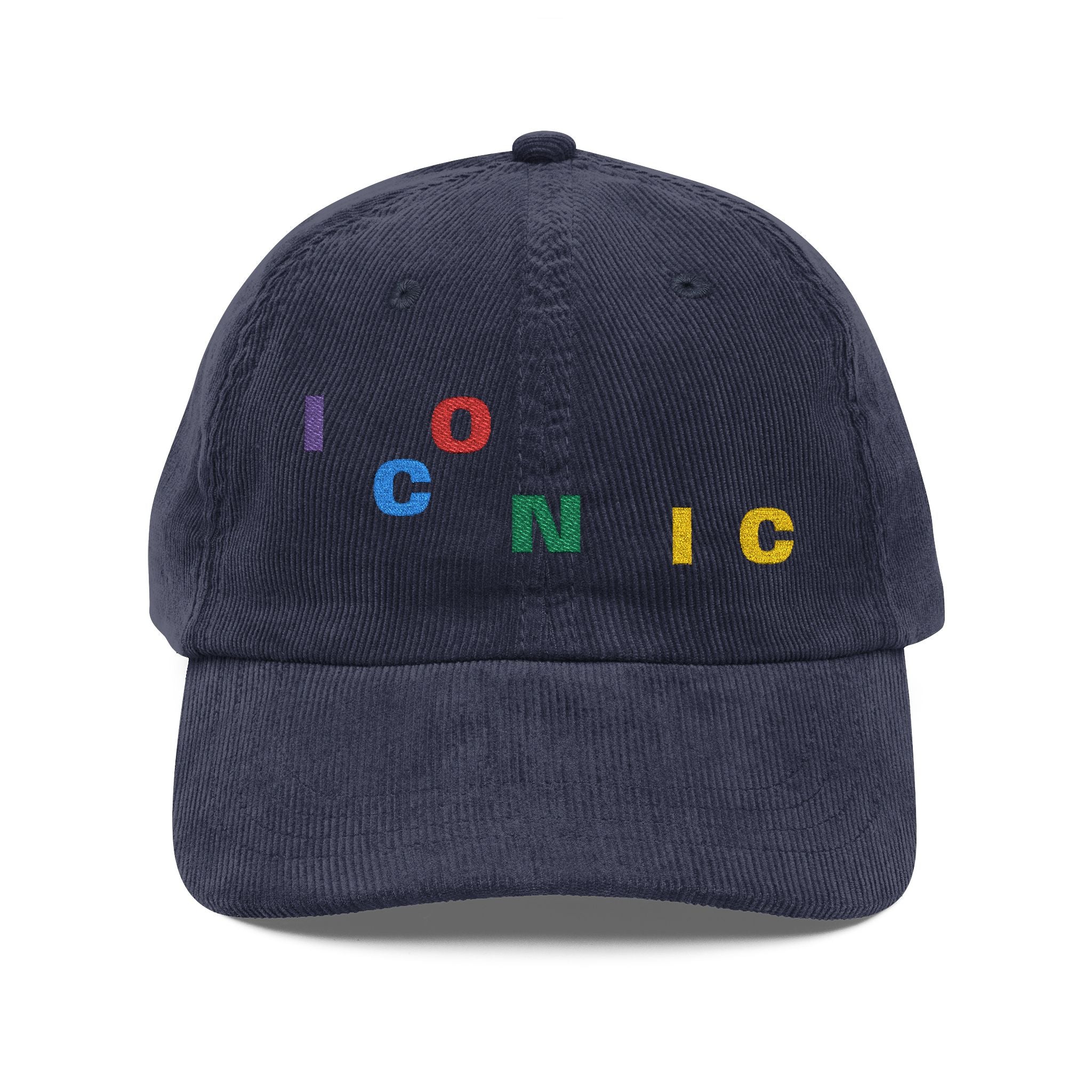 Corduroy Embroidered Cap — Vintage 'ICONIC' Multi-Color Lettering