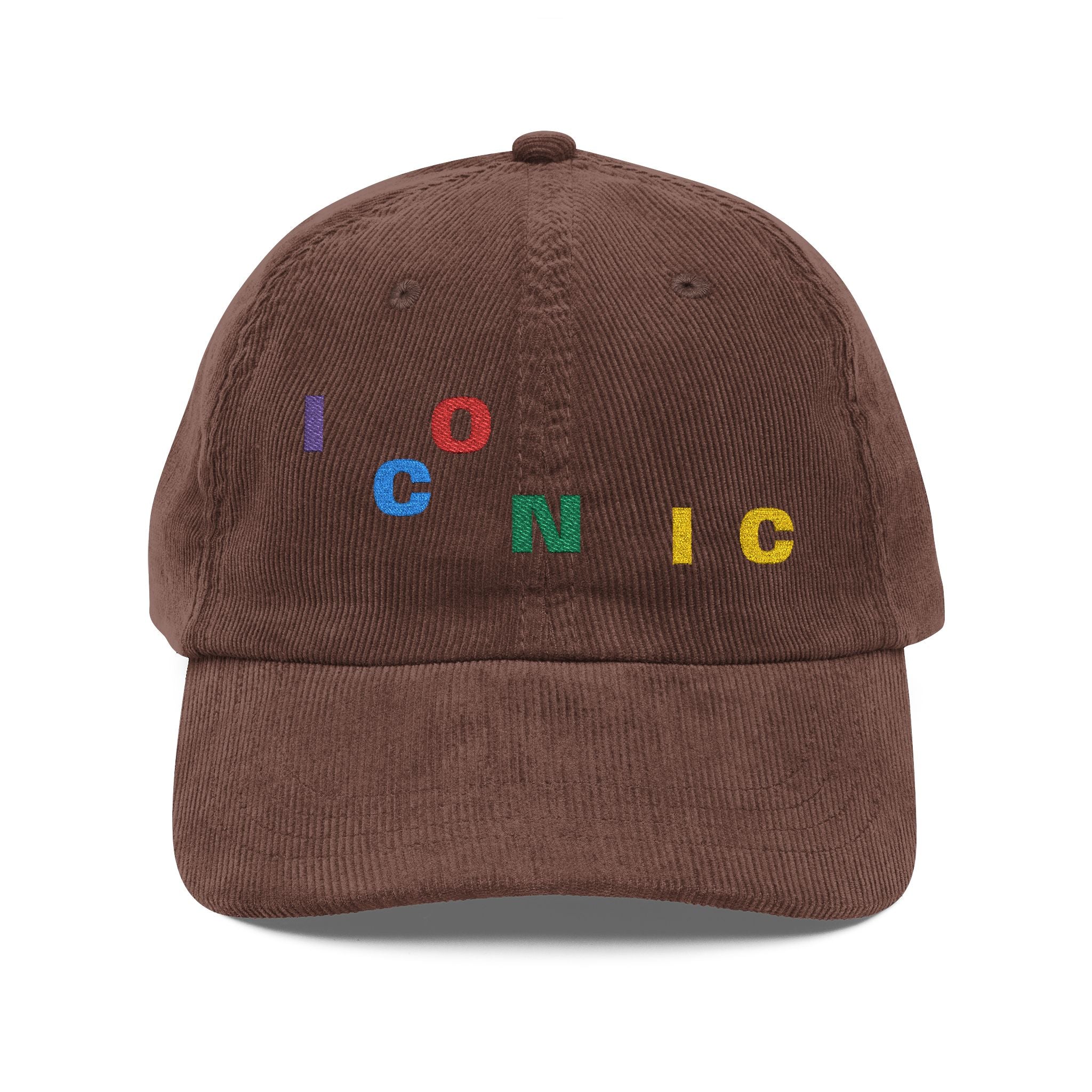 Corduroy Embroidered Cap — Vintage 'ICONIC' Multi-Color Lettering