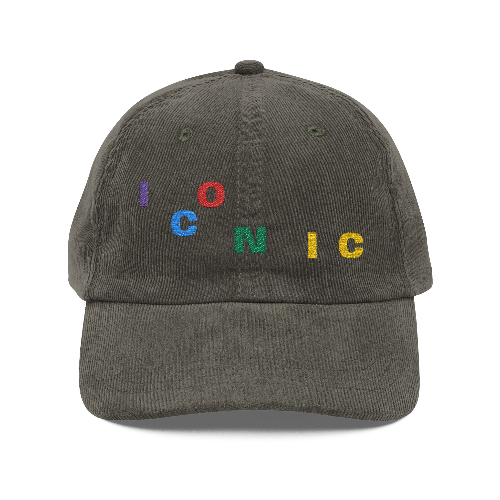 Corduroy Embroidered Cap — Vintage 'ICONIC' Multi-Color Lettering
