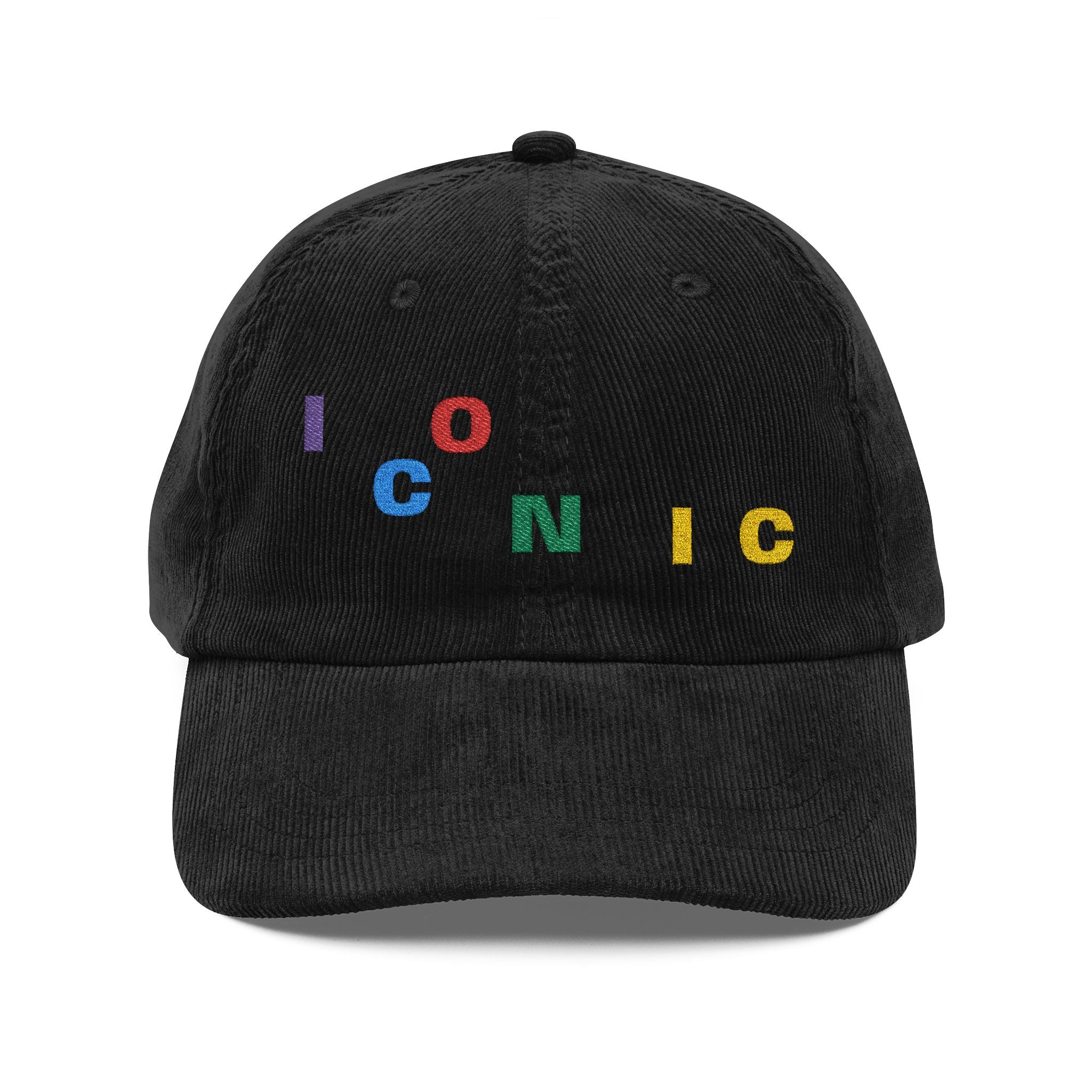 Corduroy Embroidered Cap — Vintage 'ICONIC' Multi-Color Lettering