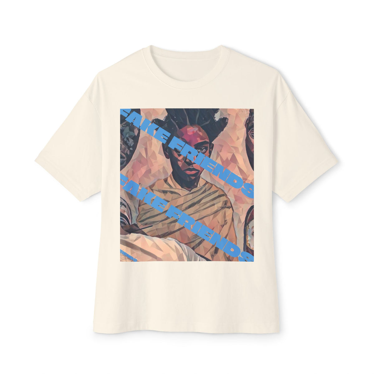 Oversized Boxy Tee — Vintage Portrait Graphic with Blue Diagonal Text
