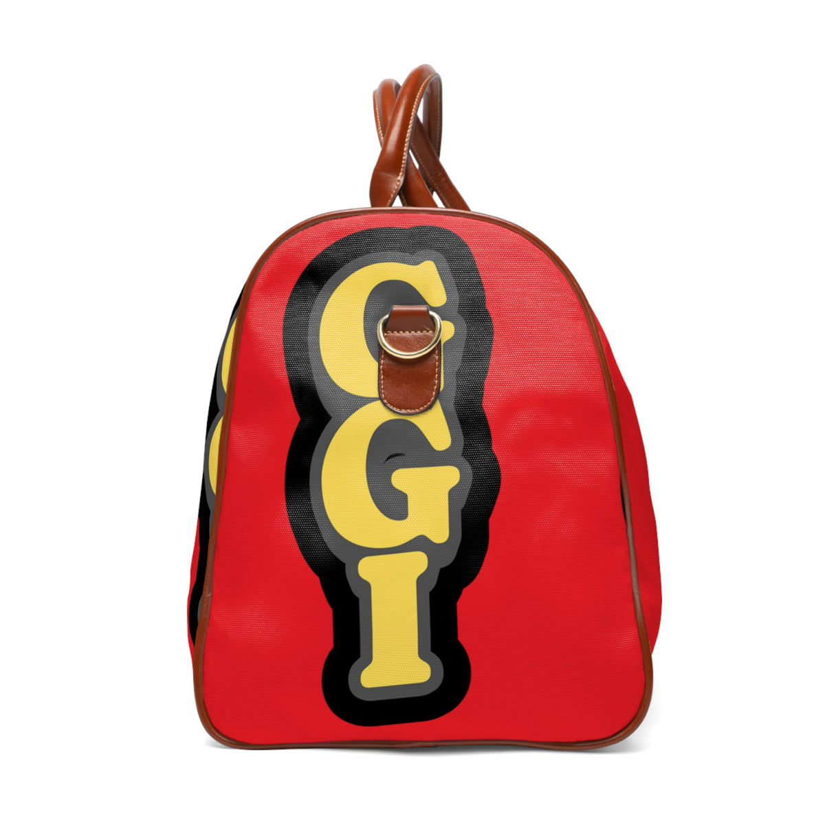 Waterproof Travel Bag — Bold Red Monogram Duffle (GGI Pattern)