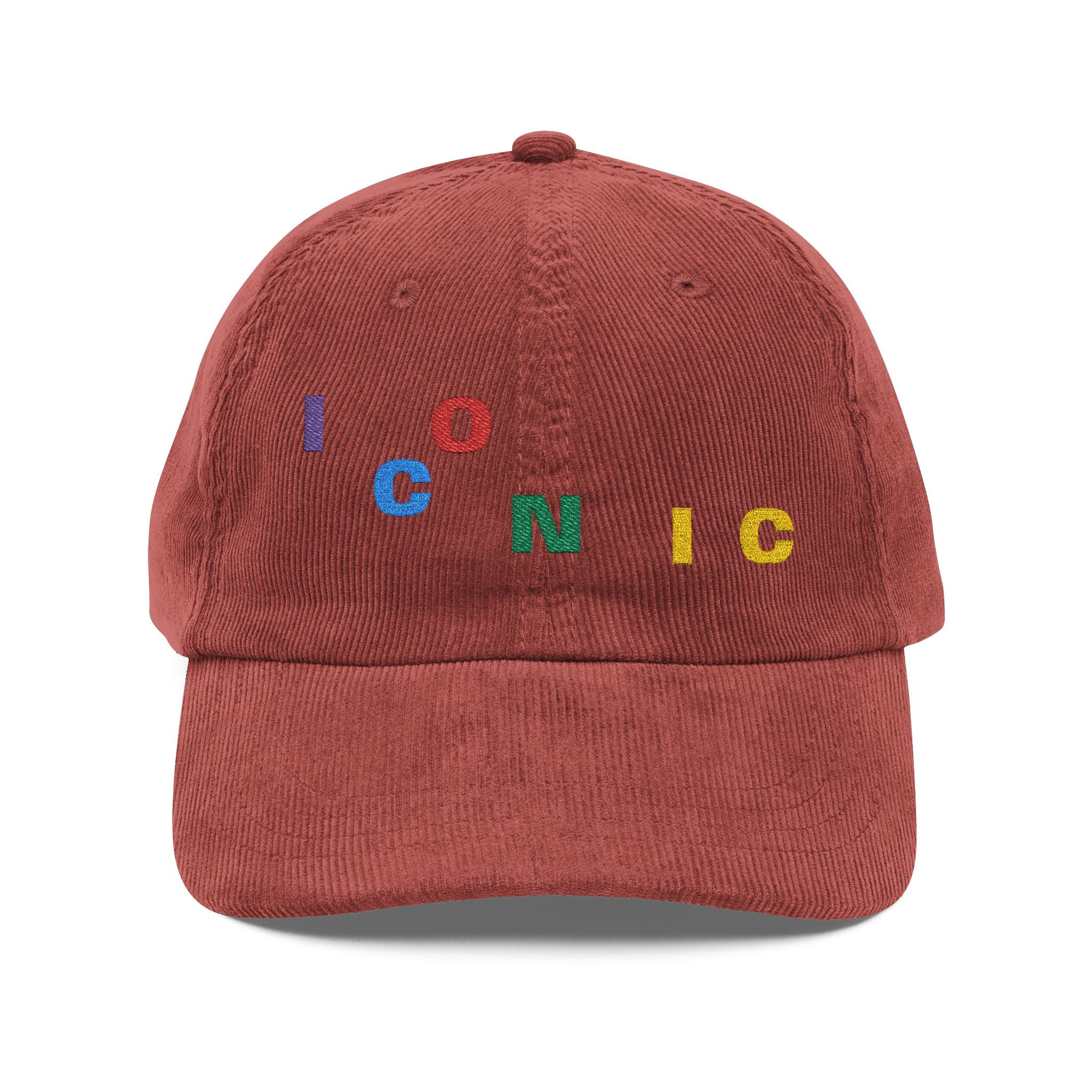 Corduroy Embroidered Cap — Vintage 'ICONIC' Multi-Color Lettering