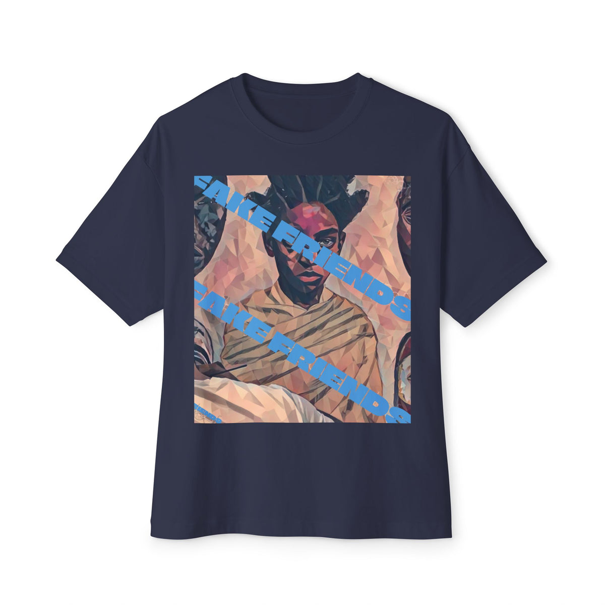 Oversized Boxy Tee — Vintage Portrait Graphic with Blue Diagonal Text