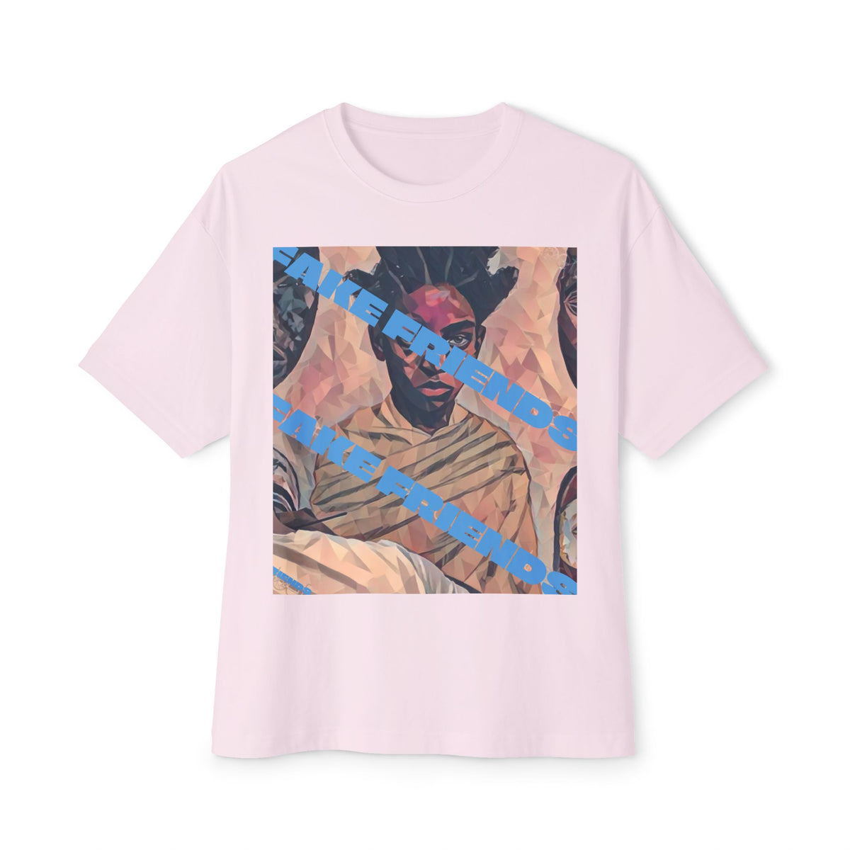 Oversized Boxy Tee — Vintage Portrait Graphic with Blue Diagonal Text