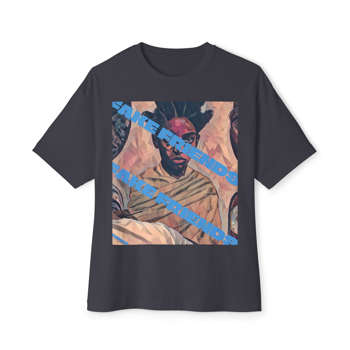 Oversized Boxy Tee — Vintage Portrait Graphic with Blue Diagonal Text