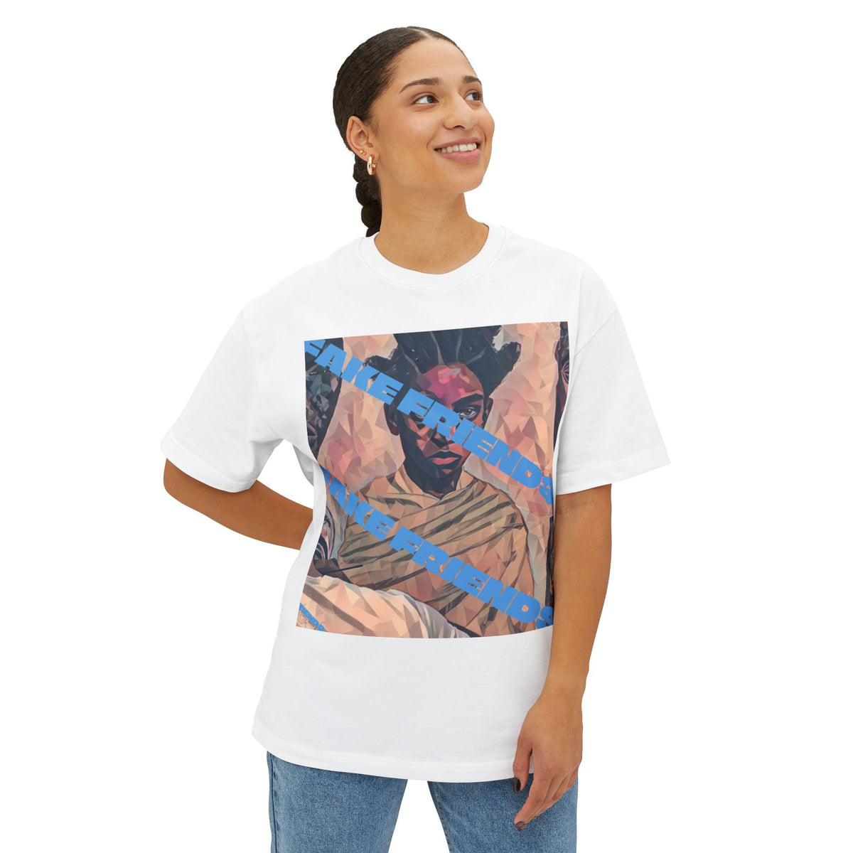 Oversized Boxy Tee — Vintage Portrait Graphic with Blue Diagonal Text