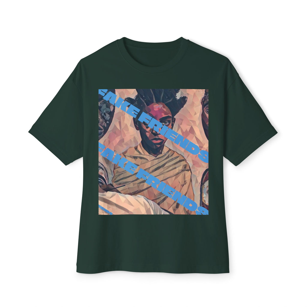 Oversized Boxy Tee — Vintage Portrait Graphic with Blue Diagonal Text