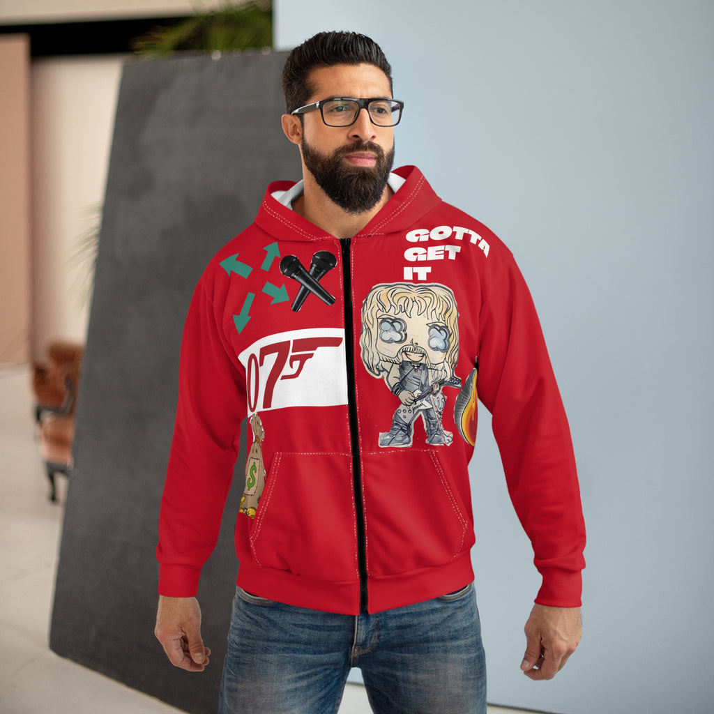 Red Graphic Zip Hoodie — 'Gotta Get It' Character & 007 Streetwear