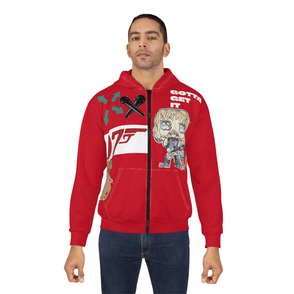 Red Graphic Zip Hoodie — 'Gotta Get It' Character & 007 Streetwear