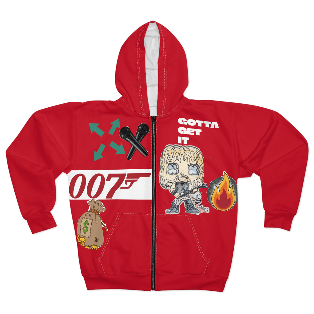 Red Graphic Zip Hoodie — 'Gotta Get It' Character & 007 Streetwear