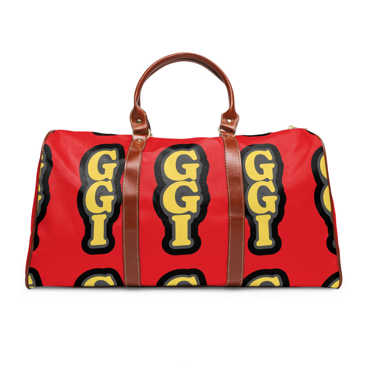 Waterproof Travel Bag — Bold Red Monogram Duffle (GGI Pattern)