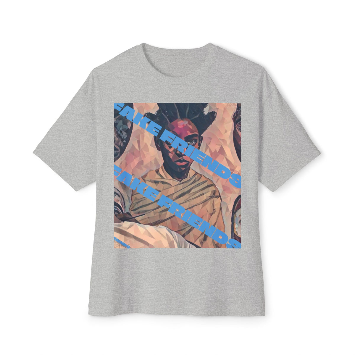 Oversized Boxy Tee — Vintage Portrait Graphic with Blue Diagonal Text